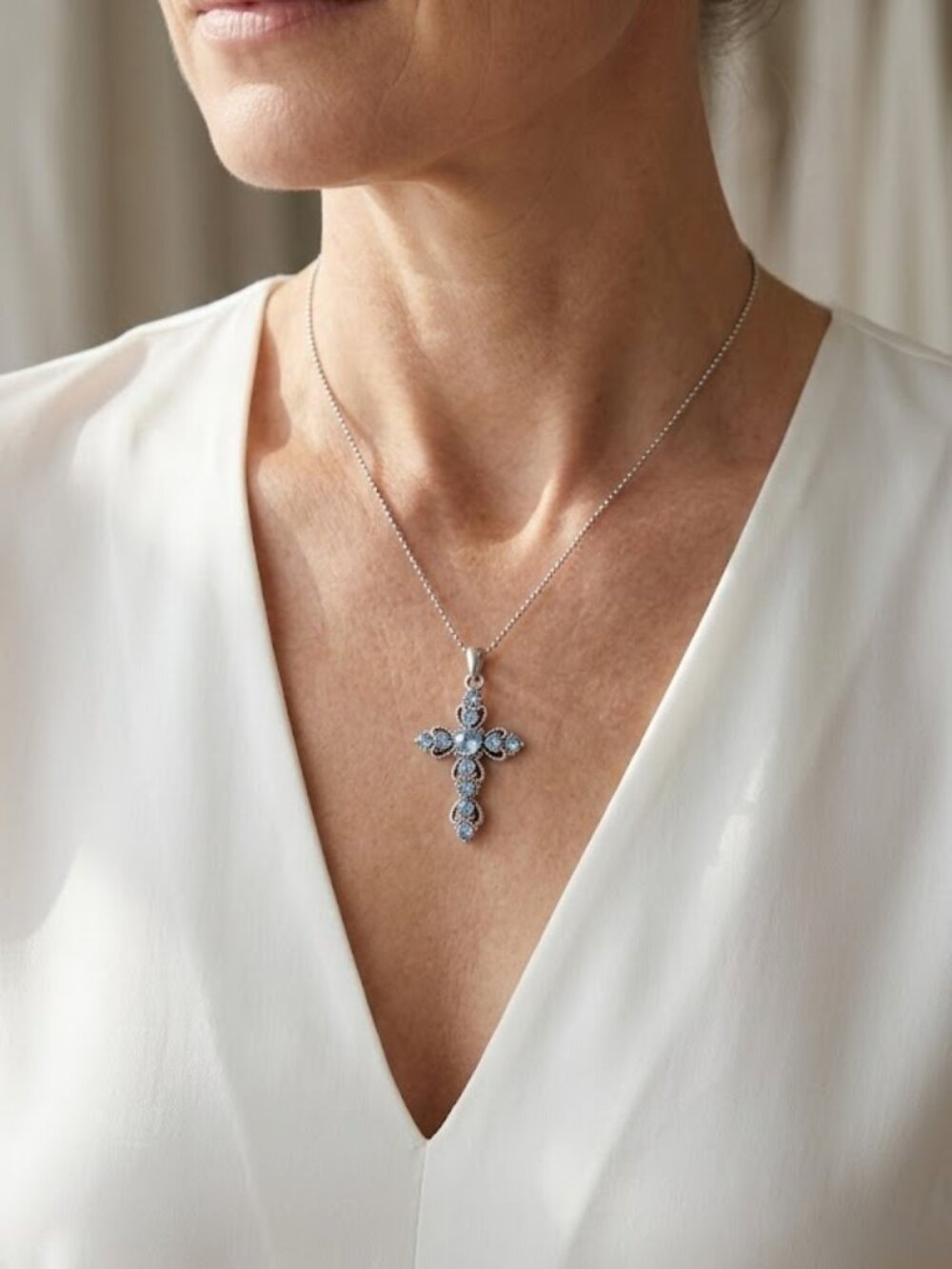 Vintage Filigree Light Blue Crystal Cross Pendant